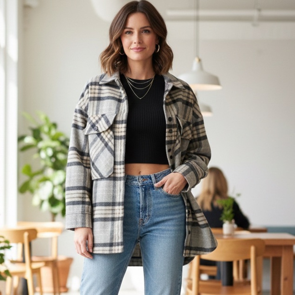Zara Sz S Grey Plaid Casual Relaxed Shacket
